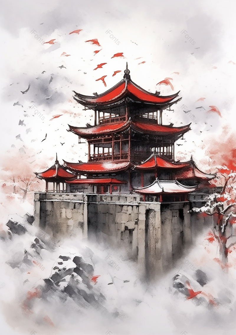 云雾缭绕大寒寒冷下雪天城楼古代建筑飞鸟红色古典传统风景水墨插画,插画/手绘图,插画/手绘图库,插画/手绘图下载,插画/手绘